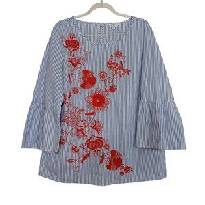 Crown & Ivy Embroidered Blouse Womens Size Medium Blue Stripe Floral Bird Boho